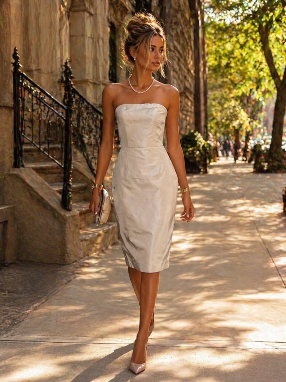 VINTAGE ISAAC MIZRAHI Quiet Luxury Champagne Silk Taffeta Strapless Dress, 4